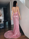 Ruffles Sequins V-neck  Sleeveless Long Prom Dresses Pink