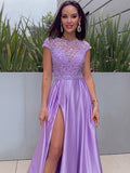 A-Line Princess Satin Scoop Short Sleeves Beading Prom Dresses