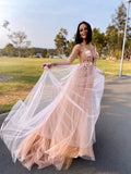 A-Line Princess Tulle V-neck Hand-Made Flower Sleeveless Prom Dresses