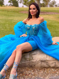 A-Line Princess Tulle Beading Off-the-Shoulder Long Sleeves  Dresses