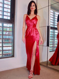 Satin Sleeveless V-neck Ruched Floor-Length Red Prom Dresses