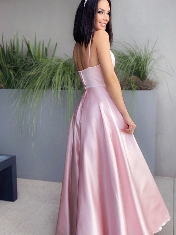 A-Line Princess V-neck Satin Ruched Sleeveless Floor-Length Prom Dresses