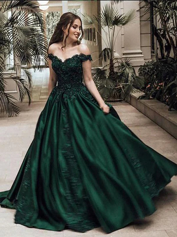 Ball Gown Off-the-Shoulder Sleeveless Floor-Length Lace Satin Prom Dresses