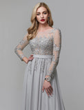 A-Line Luxurious Engagement Formal Evening Dress Illusion Neck V Back Low Back Long Sleeve Chapel Train Chiffon with Sequin Appliques