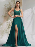 A-Line Prom Dresses Maxi Dress Engagement Court Train Sleeveless Scoop Neck Charmeuse with Slit Overskirt Lace Insert