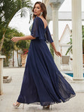 A-Line Wedding Guest Dresses Sparkle & Shine Dress Party Wear Floor Length Half Sleeve V Neck Chiffon with Crystals Ruffles