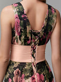 A-Line Floral Dress Holiday Floor Length Sleeveless V Neck Chiffon with Pattern / Print