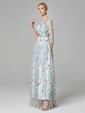 A-Line Evening Gown Elegant Dress Holiday Floor Length 3/4 Length Sleeve Illusion Neck Lace with Embroidery