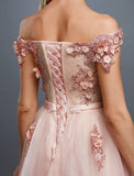 A-Line Floral Dress Wedding Guest Sweep / Brush Train Sleeveless Off Shoulder Tulle Over Lace with Appliques