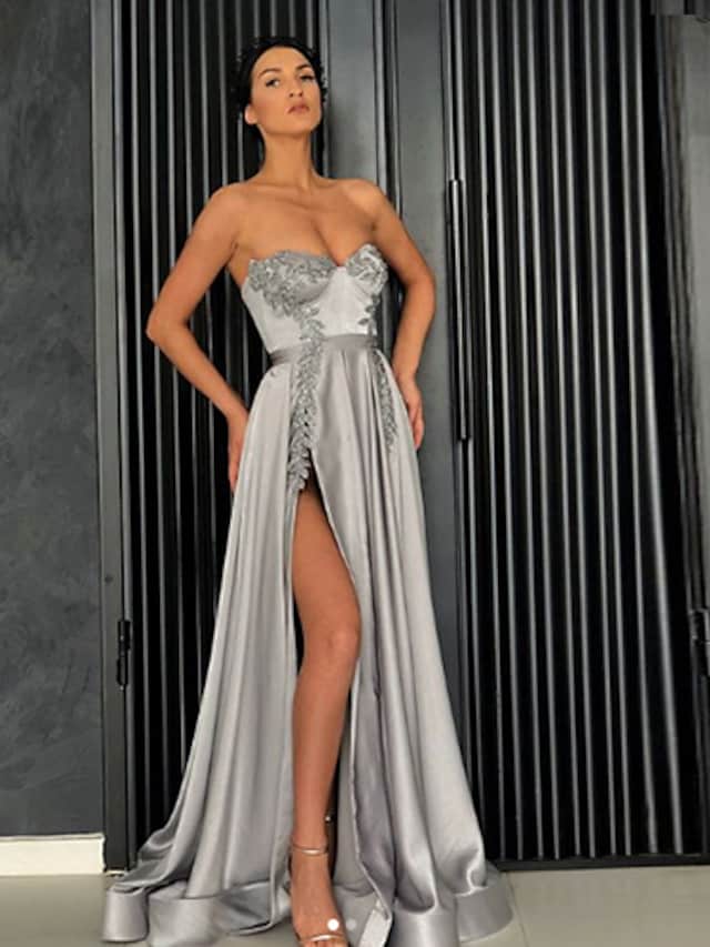 A-Line Minimalist Elegant Party Wear Prom Dress Off Shoulder Sleeveless Floor Length Satin with Pleats Slit