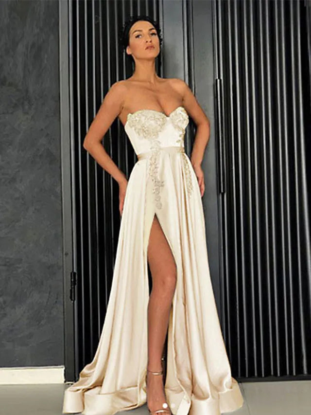 A-Line Minimalist Elegant Party Wear Prom Dress Off Shoulder Sleeveless Floor Length Satin with Pleats Slit