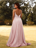 A-Line Prom Dresses Plus Size Dress Wedding Guest Sweep / Brush Train Sleeveless V Neck Tulle with Appliques Pure Color