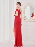 Mermaid / Trumpet Evening Gown Elegant Dress Wedding Guest Floor Length Sleeveless Spaghetti Strap Satin V Back with Slit