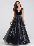 A-Line Prom Dresses Elegant Dress Prom Floor Length Sleeveless Plunging Neck Sequined with Sash / Ribbon Beading