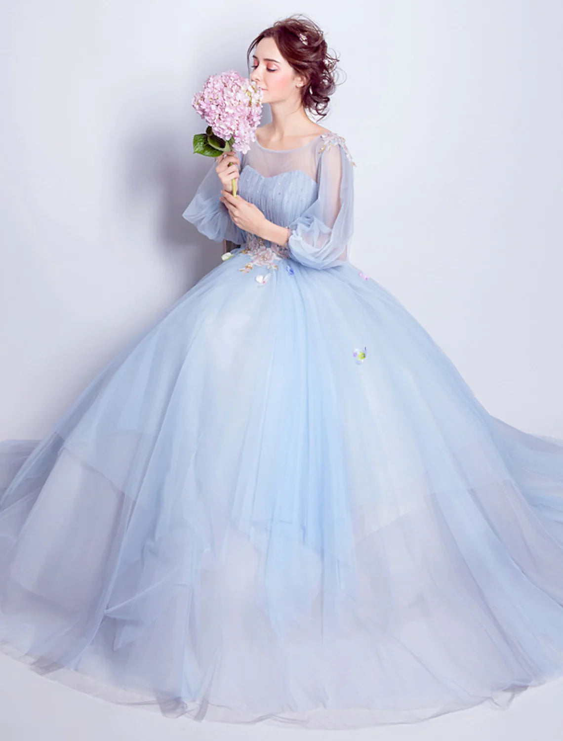 Ball Gown Elegant Floral Puffy Quinceanera Engagement Dress Illusion Neck 3/4 Length Sleeve Floor Length Tulle with Pleats Appliques