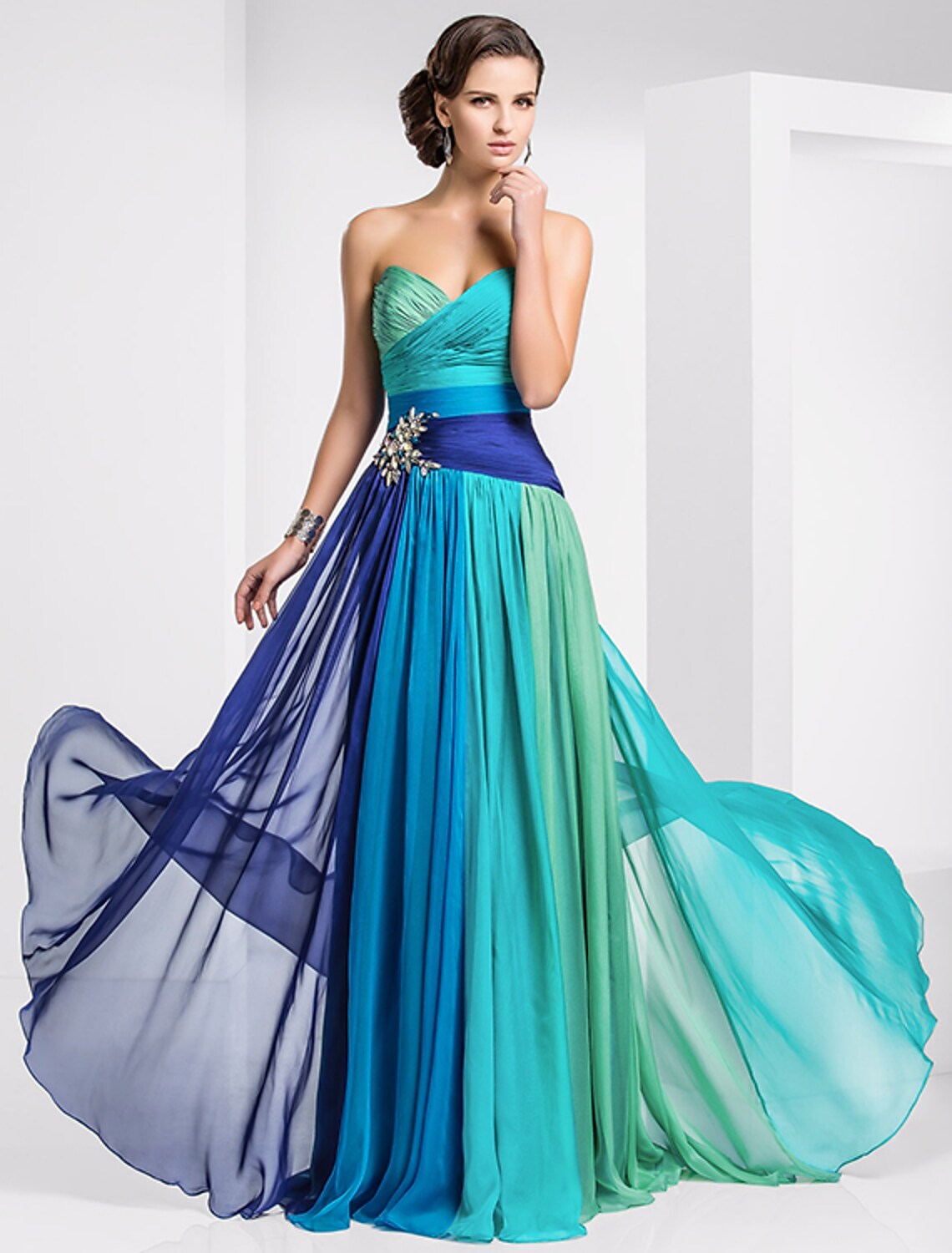 A-Line Color Block Dress Wedding Guest Sweep / Brush Train Sleeveless Sweetheart Chiffon Backless with Pleats Ruched Crystals