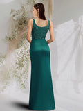 A-Line Prom Dresses Maxi Dress Engagement Court Train Sleeveless Scoop Neck Charmeuse with Slit Overskirt Lace Insert