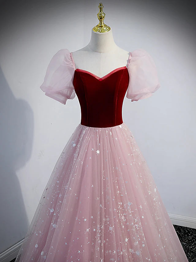 A-Line Prom Dresses Princess Dress Prom Floor Length Short Sleeve Sweetheart Tulle with Sequin