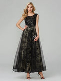 A-Line Open Back Dress Holiday Floor Length Sleeveless Jewel Neck Tulle with Appliques