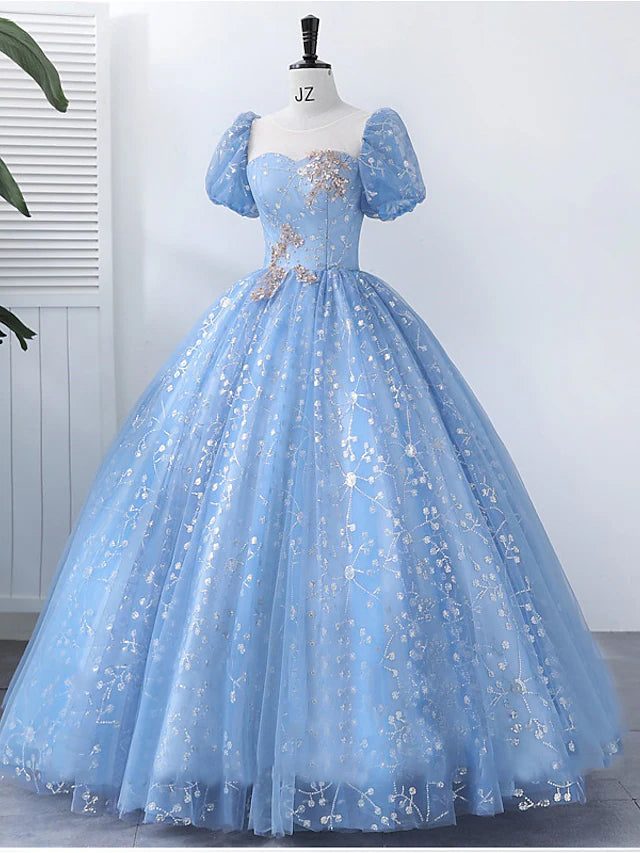Ball Gown Quinceanera Dresses Princess Dress Performance Floor Length Short Sleeve Square Neck Polyester with Pearls Appliques