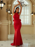 Mermaid / Trumpet Evening Gown Maxi Dress Formal Court Train Sleeveless Halter Polyester with Ruffles