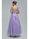 A-Line Prom Dresses Princess Dress Quinceanera Tea Length Short Sleeve Off Shoulder Tulle with Sequin Appliques