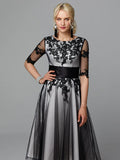 A-Line Vintage Dress Wedding Guest Tea Length Half Sleeve Jewel Neck Lace with Sash / Ribbon Appliques