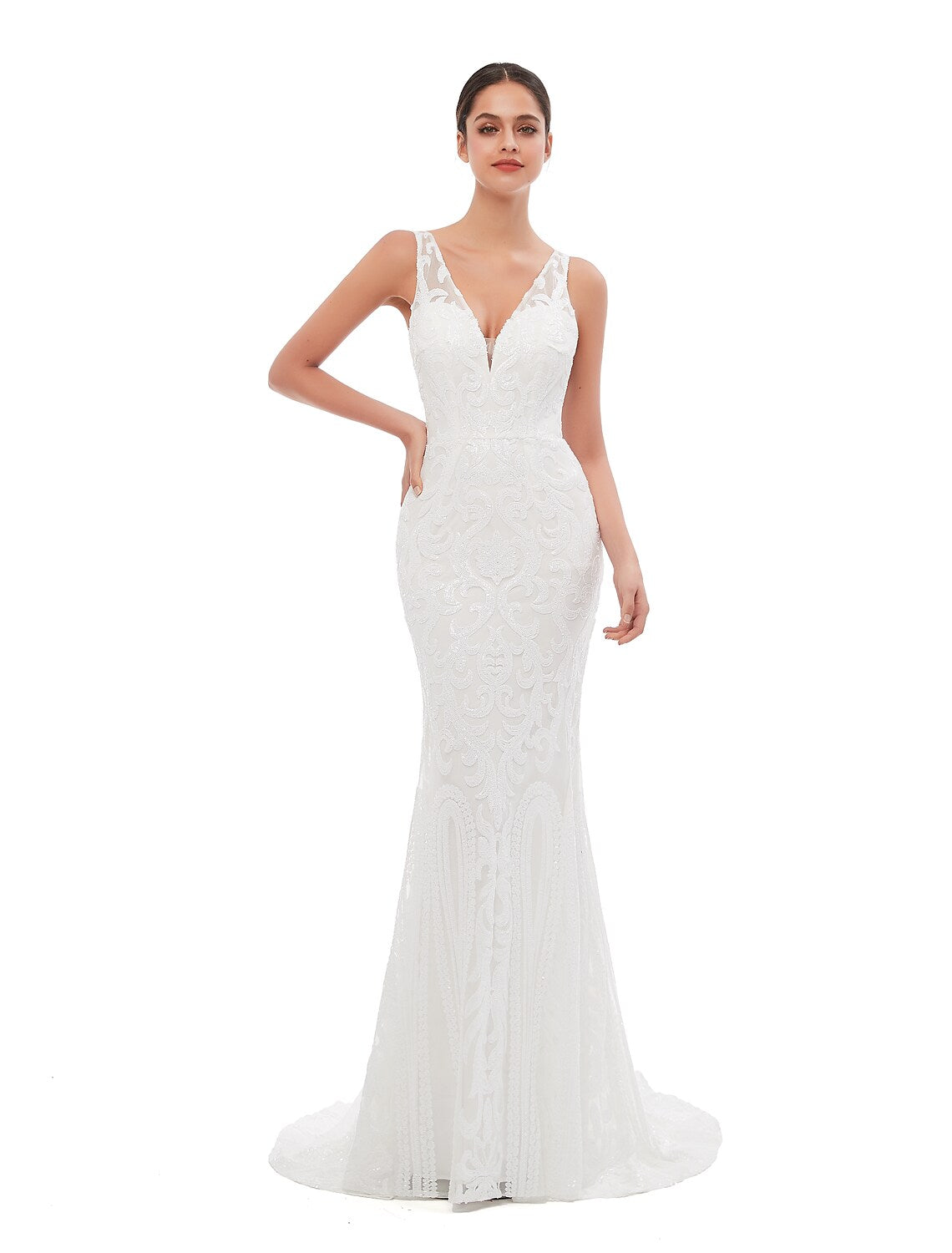 Mermaid / Trumpet Evening Gown Celebrity Style Dress Engagement Court Train Sleeveless V Neck Sequined with Sequin Embroidery