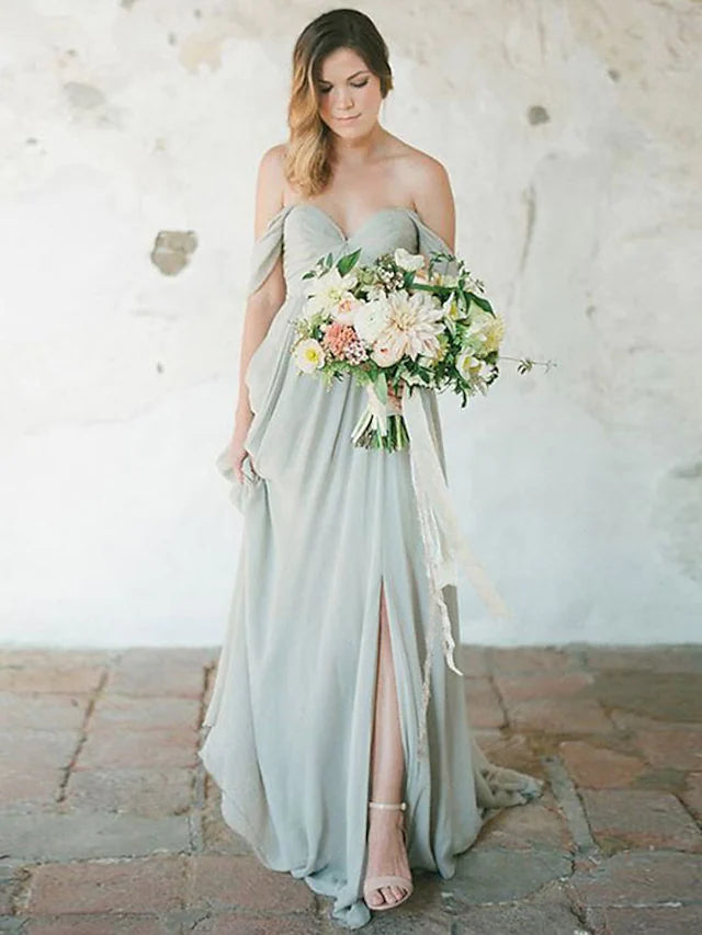 Bridesmaid Dress Sweetheart Neckline Short Sleeve Furcal Floor Length Chiffon with Pleats  Split Front