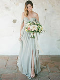 Bridesmaid Dress Sweetheart Neckline Short Sleeve Furcal Floor Length Chiffon with Pleats  Split Front