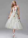 A-Line Prom Dresses Elegant Dress Wedding Guest Tea Length Sleeveless Jewel Neck Chiffon with Lace Insert Appliques