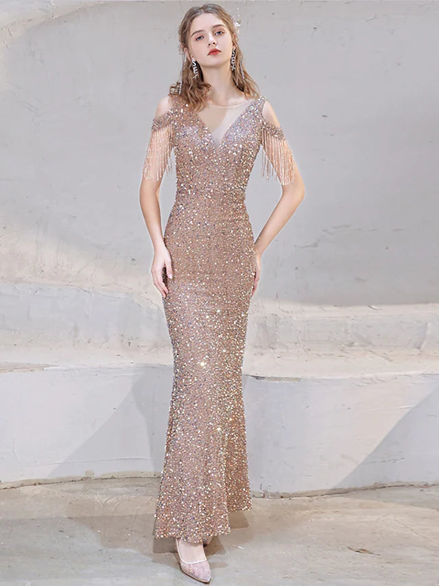Mermaid / Trumpet Prom Dresses Sparkle Dress Wedding Guest Floor Length Short Sleeve V Neck Sequined with Beading Sequin
