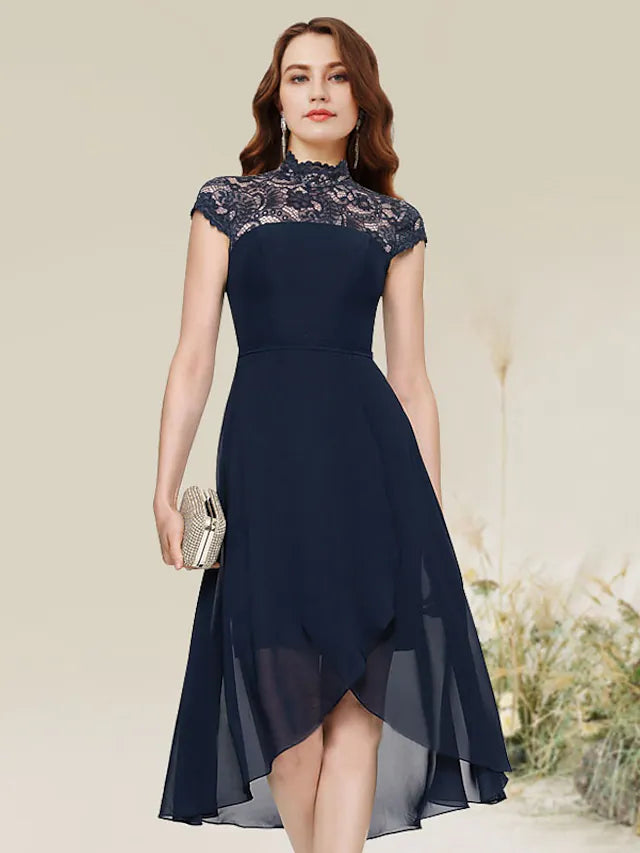 A-Line Cocktail Dresses Flirty Dress Homecoming Asymmetrical Sleeveless Jewel Neck Chiffon with Lace Insert