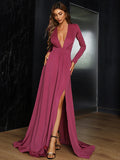 A-Line Evening Gown Vintage Dress Engagement Sweep / Brush Train Long Sleeve V Neck Polyester with Slit Pure Color