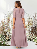 A-Line Evening Gown Elegant Dress Wedding Guest Floor Length Half Sleeve Jewel Neck Chiffon with Pleats Ruched