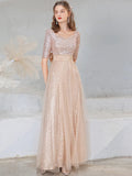 A-Line Evening Gown Sparkle Dress Wedding Guest Floor Length Half Sleeve V Neck Sequined with Bow(s) Sequin