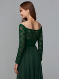 A-Line Bridesmaid Dress Off Shoulder Long Sleeve Elegant Floor Length Chiffon  Lace with Lace
