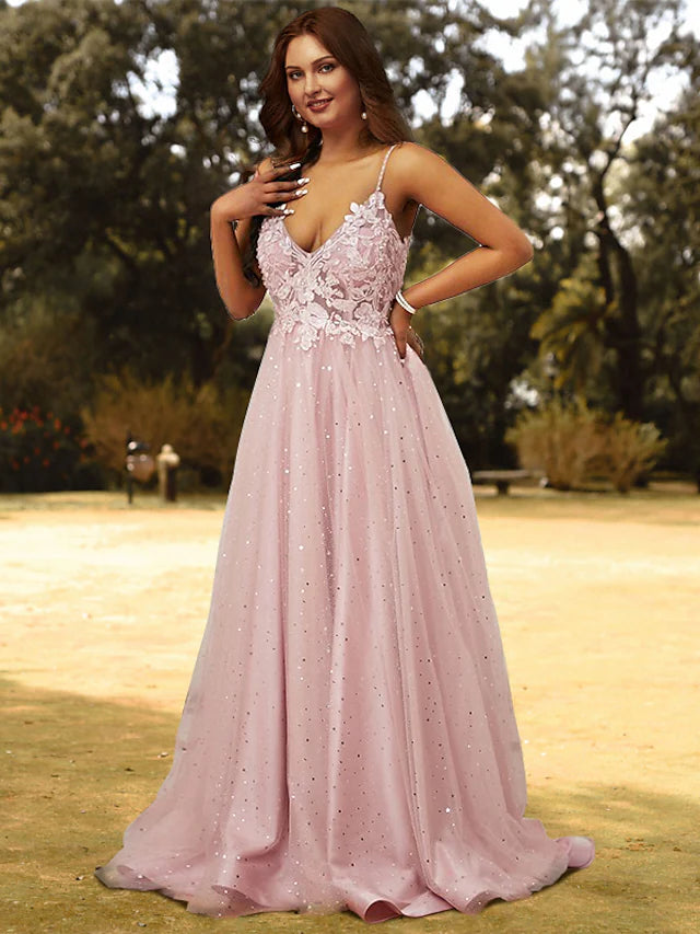 A-Line Prom Dresses Plus Size Dress Wedding Guest Sweep / Brush Train Sleeveless V Neck Tulle with Appliques Pure Color