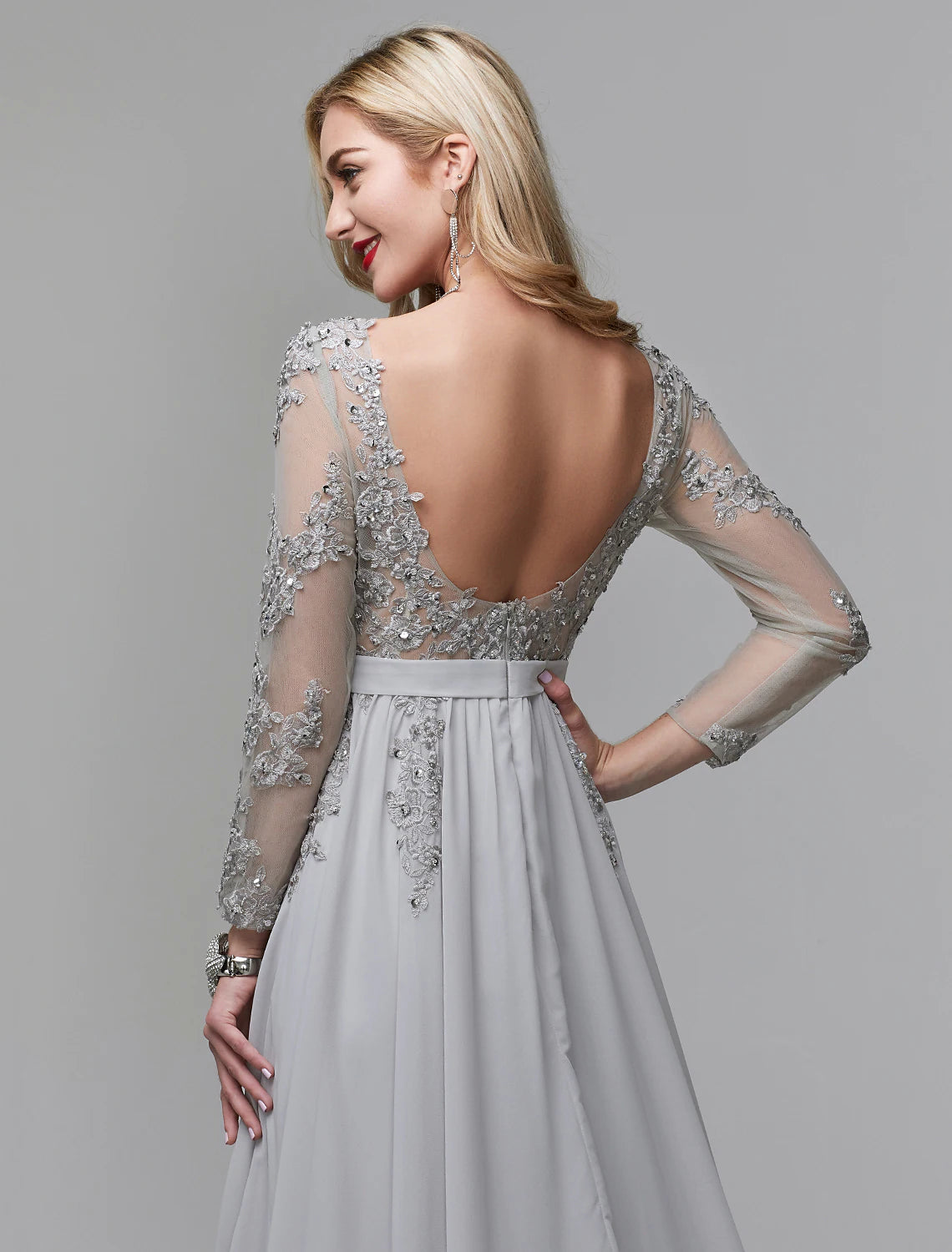 A-Line Luxurious Engagement Formal Evening Dress Illusion Neck V Back Low Back Long Sleeve Chapel Train Chiffon with Sequin Appliques