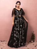 A-Line Plus Size Prom Formal Evening Dress V Neck Half Sleeve Floor Length Lace with Sash / Ribbon Pleats Sequin