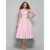 A-Line Minimalist Elegant Cocktail Party Wedding Party Dress One Shoulder Sleeveless Tea Length Taffeta with Sash / Ribbon