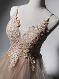 A-Line Prom Dresses Sexy Dress Formal Floor Length Sleeveless Spaghetti Strap Lace with Ruffles Appliques
