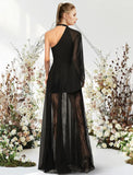 A-Line Evening Gown Empire Dress Wedding Guest Floor Length Half Sleeve One Shoulder Lace with Pleats