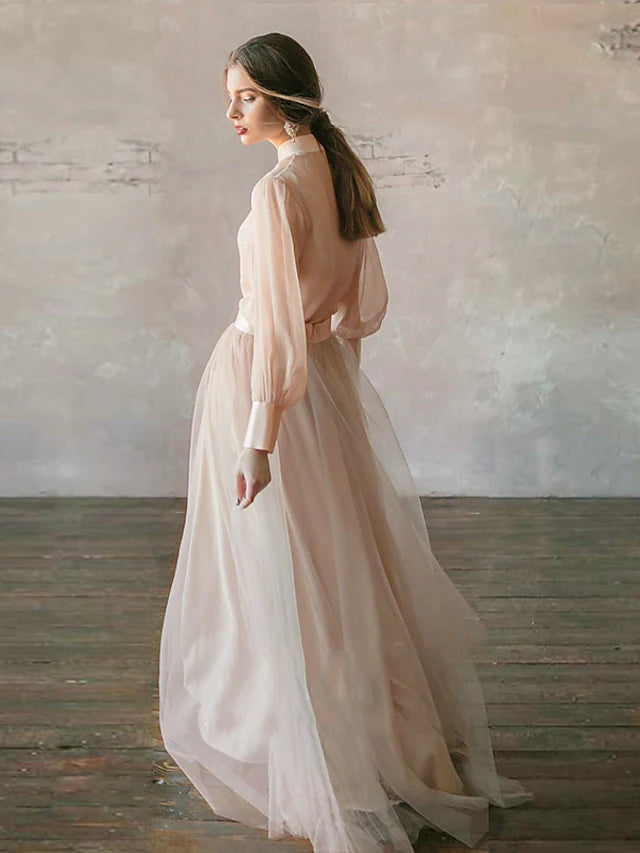 Two Piece Empire Minimalist Wedding Guest Formal Evening Birthday Dress Stand Collar Long Sleeve Floor Length Chiffon with Tier