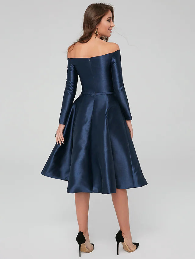 A-Line Special Occasion Dresses Party Dress Wedding Guest Knee Length Long Sleeve Off Shoulder Satin with Pleat