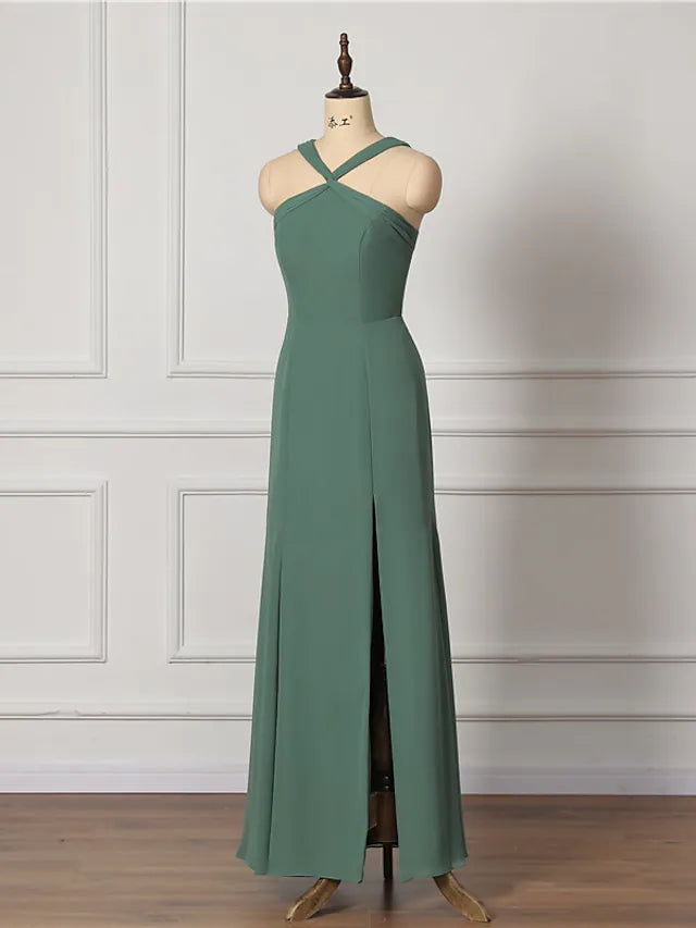 A-Line Bridesmaid Dress Cross Front Sleeveless Sexy Floor Length Chiffon with Draping
