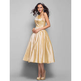 A-Line Minimalist Elegant Cocktail Party Wedding Party Dress One Shoulder Sleeveless Tea Length Taffeta with Sash / Ribbon