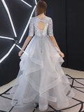 A-Line Bridesmaid Dress Jewel Neck Half Sleeve Sparkle & Shine Floor Length Tulle with Sequin