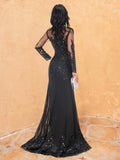 Evening Gown Elegant Dress Formal Long Sleeve Jewel Neck Lace with Beading Embroidery