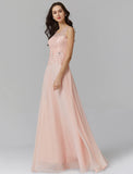 A-Line Empire Dress Wedding Guest Floor Length Sleeveless Illusion Neck Chiffon with Beading Appliques